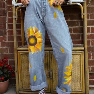 Women's Jeans Straight Belted Mid Waist Sunflower Jeans