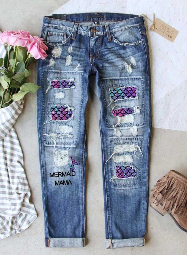 Women's Ripped Jeans Low Waist Letter Multicolor Ripped Jeans