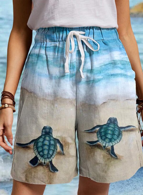 Women's Shorts Mid Waist Multicolor Turtle Print Knot Front Shorts